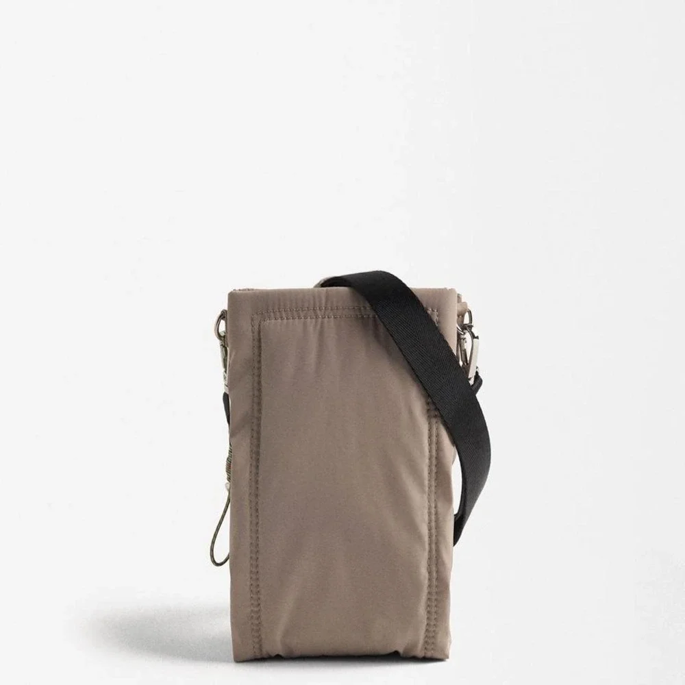 Parfois Taupe Nylon Crossbody Phone Travel Bag Minimalist Utility Shoulder Bag